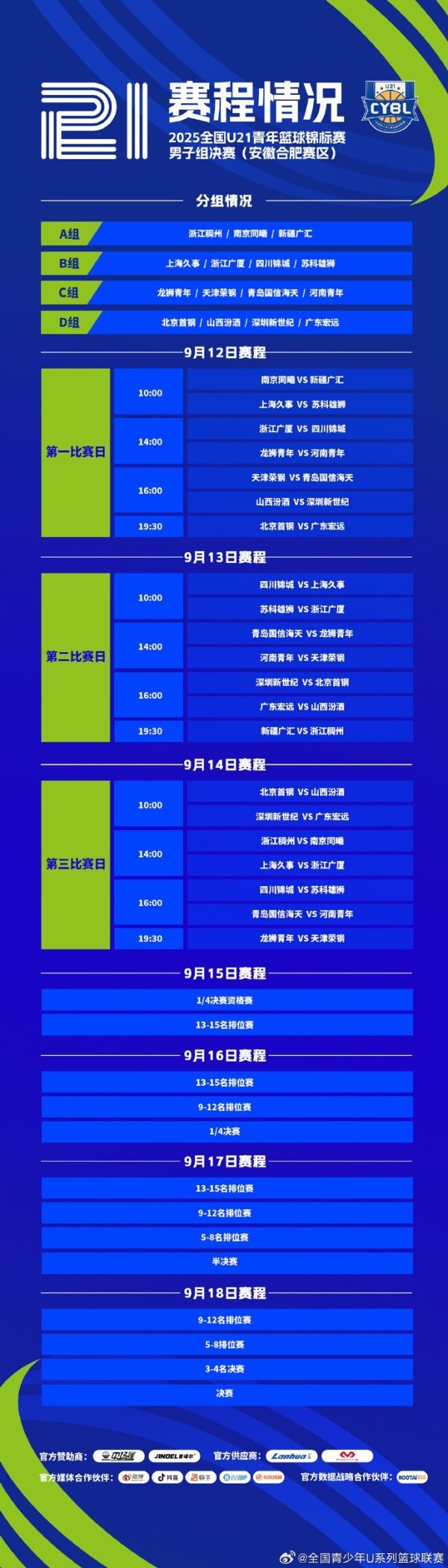 全国U21青年篮球赛  冠军赛  男子组总决赛  于9月12日—18日在合肥举行