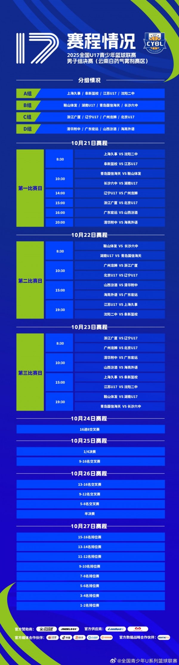 赛程发布！全国U17青少年篮球赛  职业联赛  男子组总决赛  将于10月21日开赛